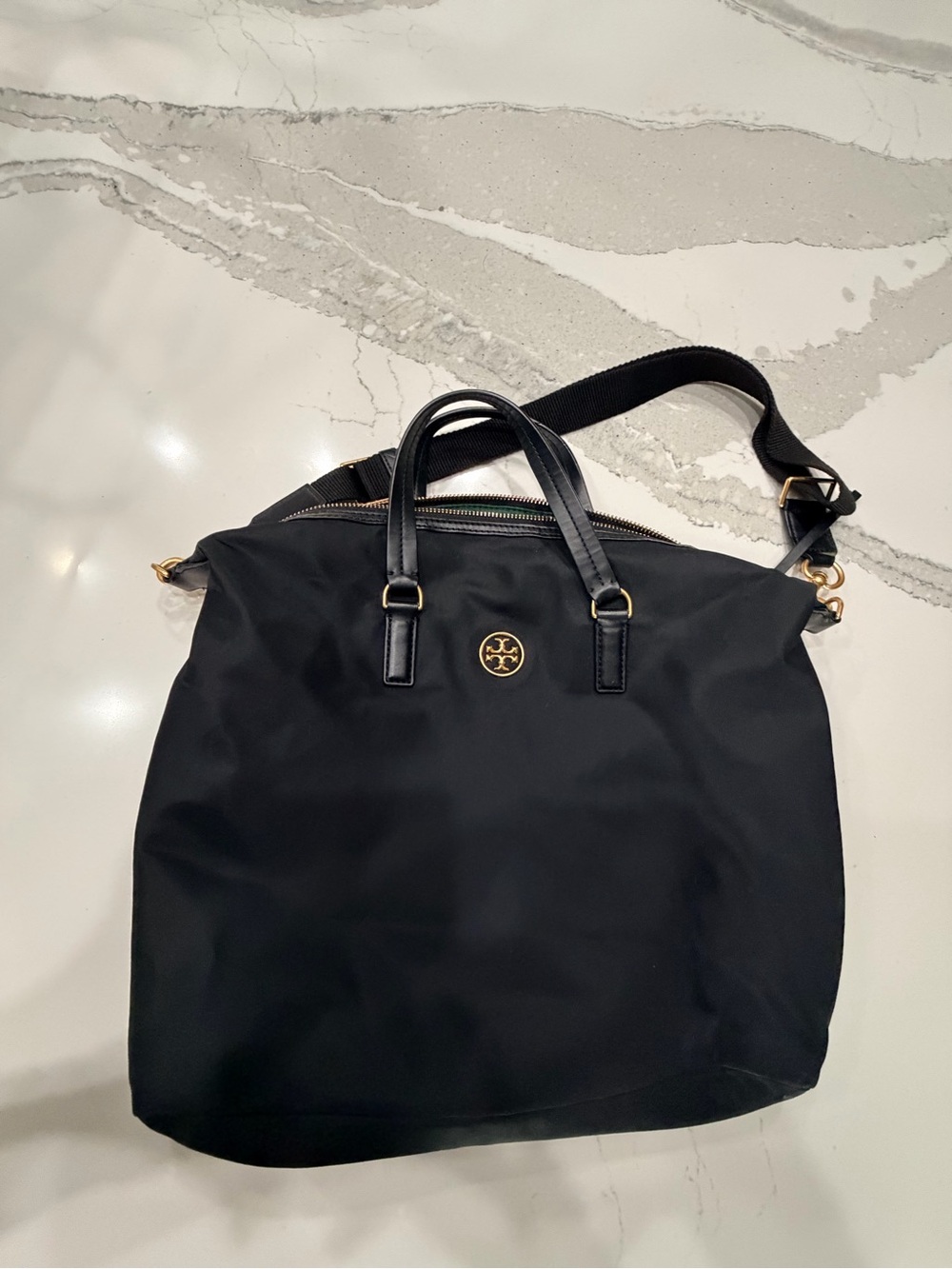 Tory Burch Black Nylon Laptop Tote with Gold Logo Hardware
